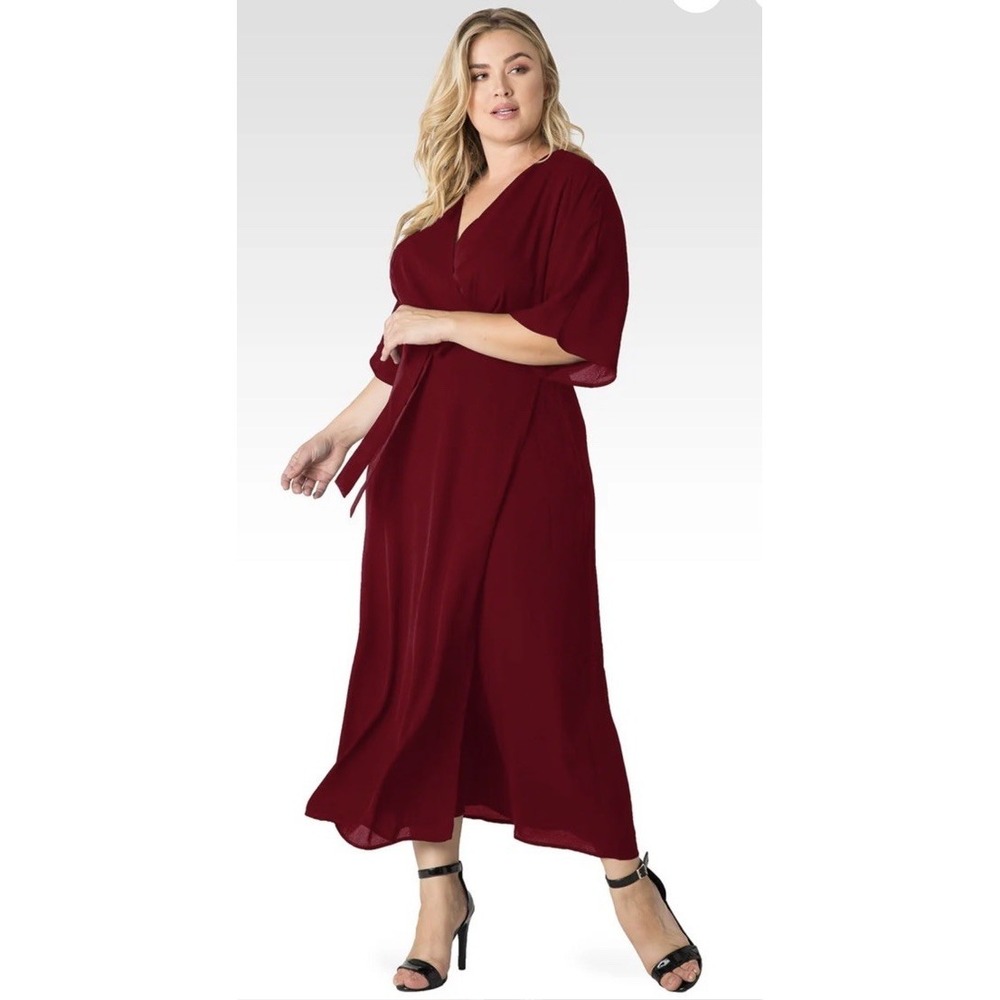 Standards And Practices Plus 1X Olivia Deep Red Kimono Wrap Maxi Dress Holiday
